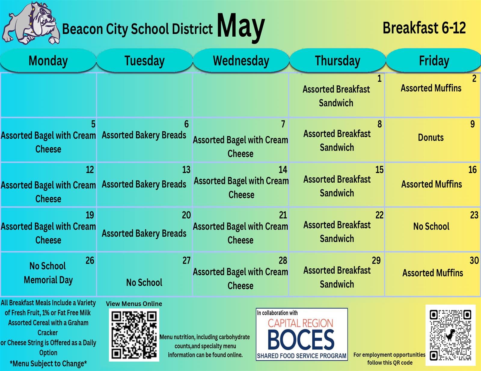 BCSD May 2025 Breakfast Menu Grade 6 - 12